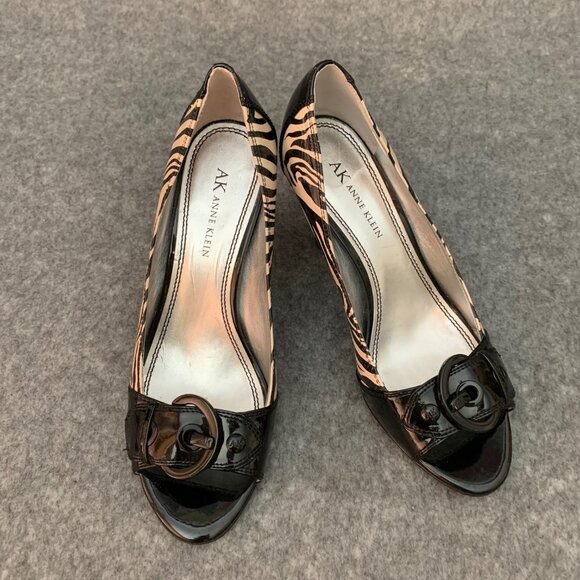 Anne Klein Women’s Leather Heel Black and Cream Zebra Pattern Peep Toe Shoes - Picture 1 of 12
